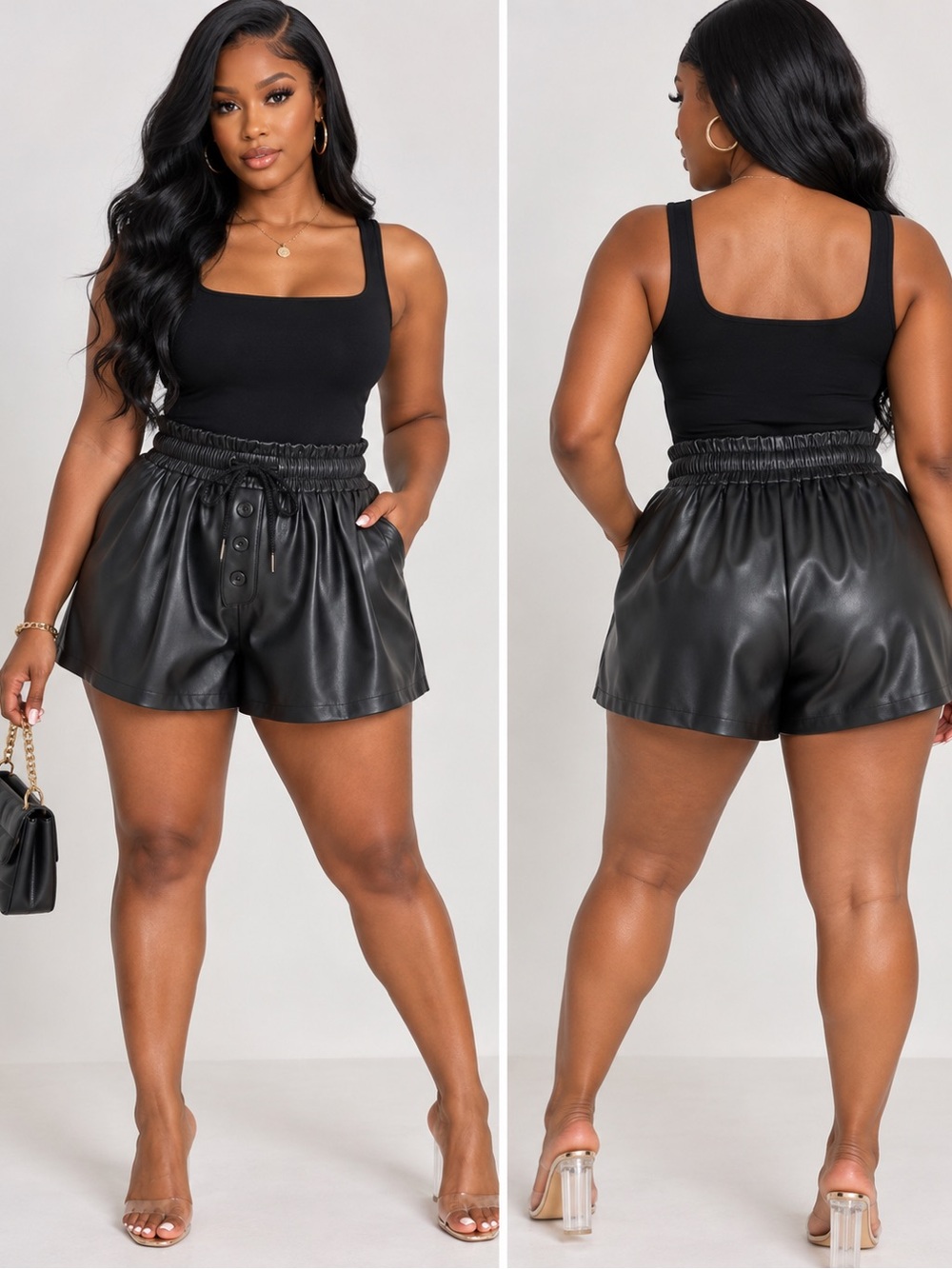 Black Faux Leather Paperbag Waist Shorts - Women